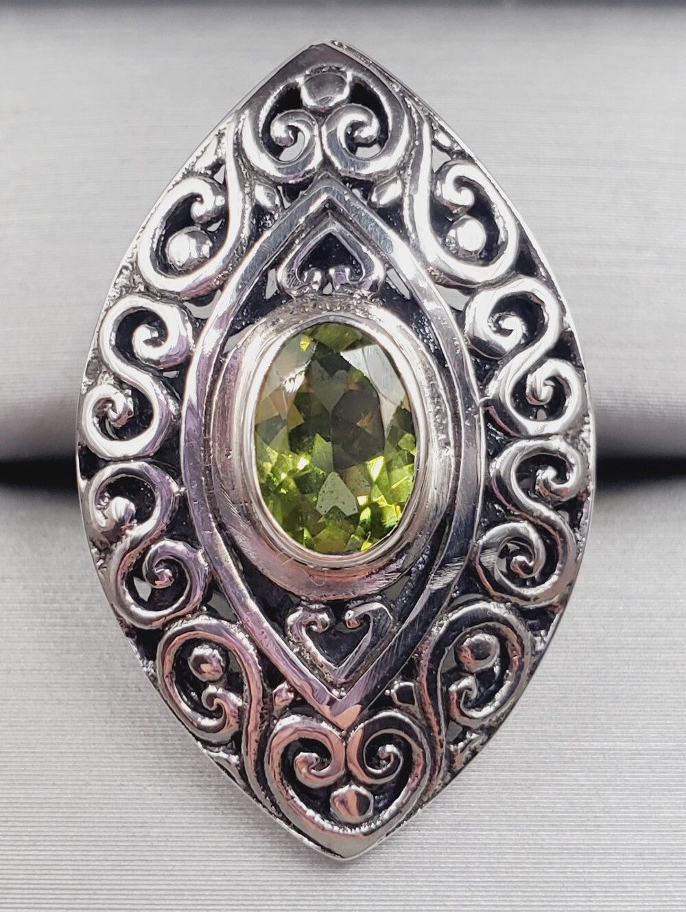Oval Bezel Set Genuine Peridot Ring 925 Sterling Silver Scroll Statement Ring